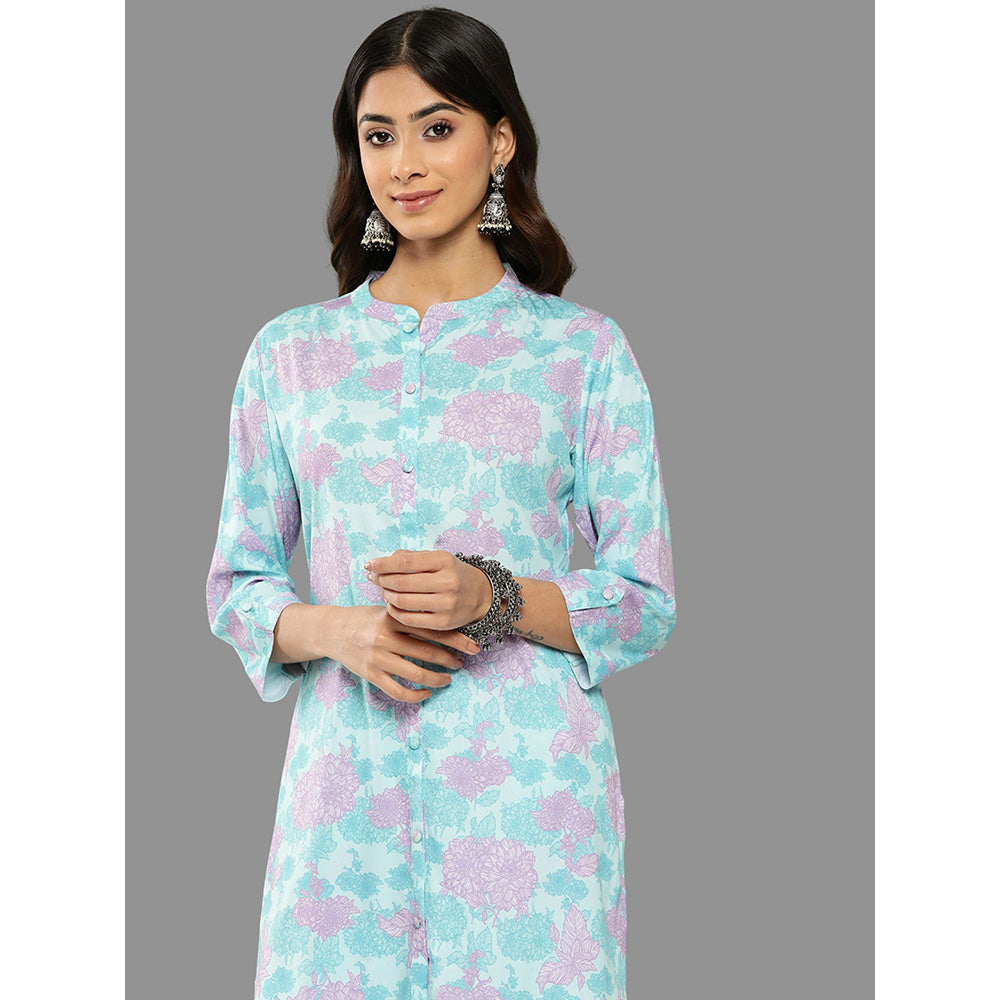 Janasya Womens Sky Blue Crepe Digital Printed Kurta With Palazzo (Set of 2)