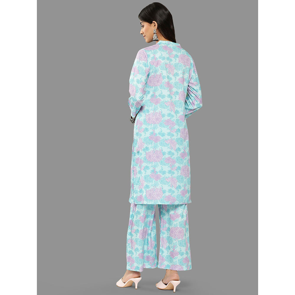 Janasya Womens Sky Blue Crepe Digital Printed Kurta With Palazzo (Set of 2)