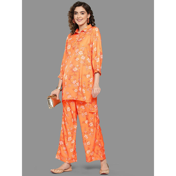 Janasya Womens Orange Moss Digital Floral Printed Kurta With Palazzo (Set of 2)