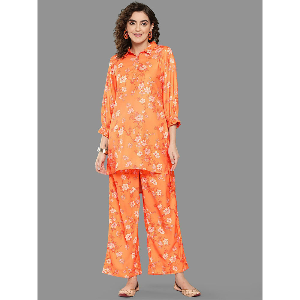 Janasya Womens Orange Moss Digital Floral Printed Kurta With Palazzo (Set of 2)