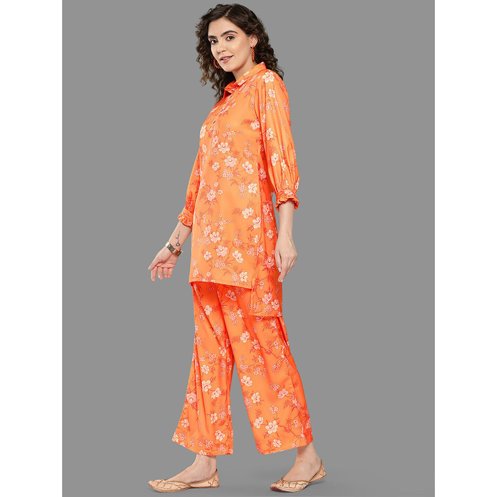 Janasya Womens Orange Moss Digital Floral Printed Kurta With Palazzo (Set of 2)