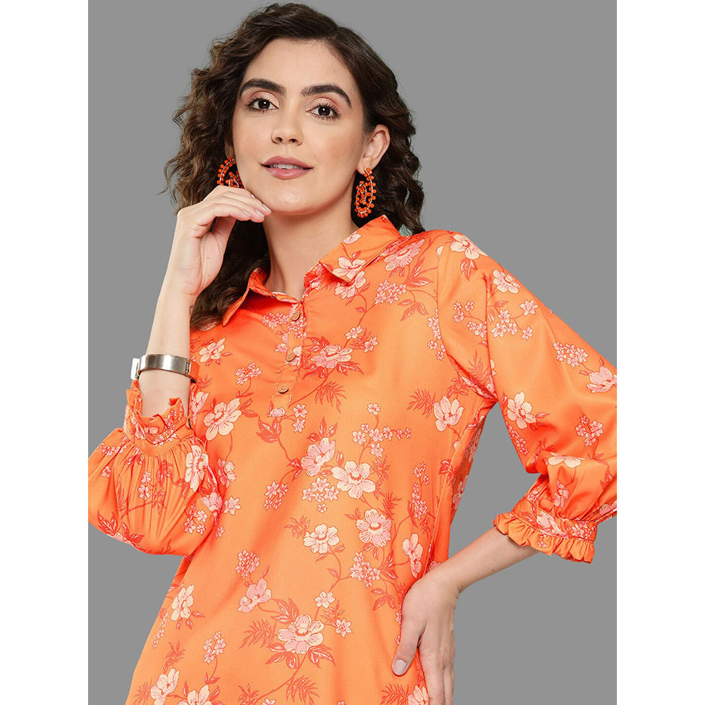 Janasya Womens Orange Moss Digital Floral Printed Kurta With Palazzo (Set of 2)