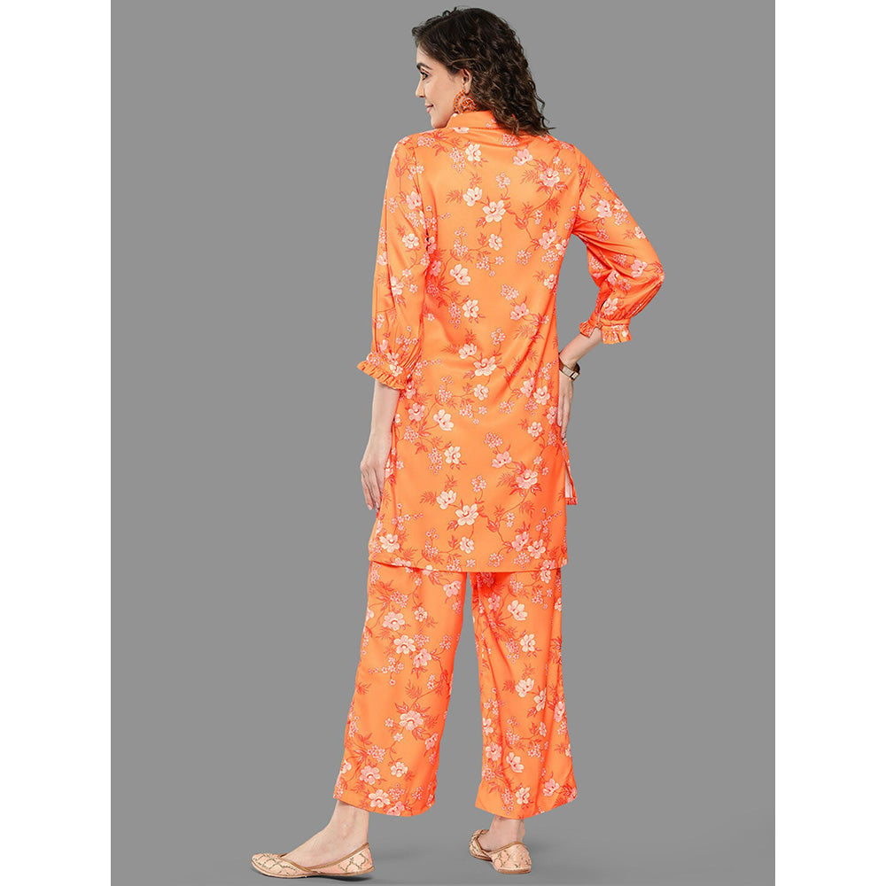 Janasya Womens Orange Moss Digital Floral Printed Kurta With Palazzo (Set of 2)