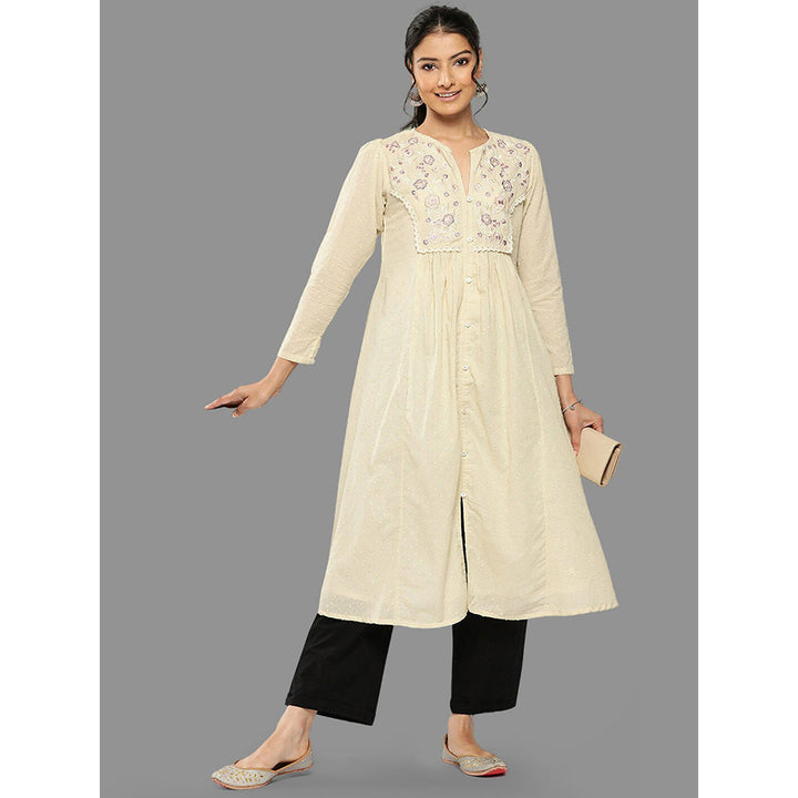 Janasya Womens Off White Dobby Cotton Solid A-Line Kurta