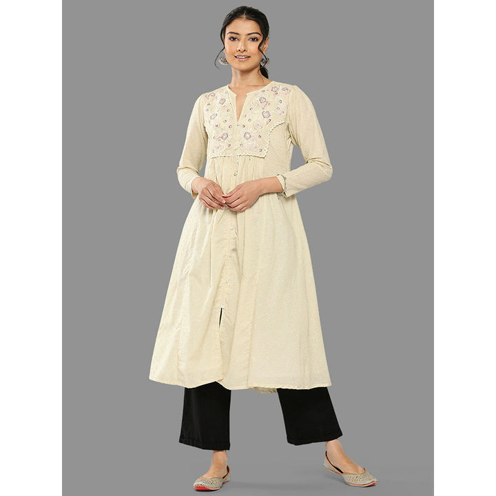 Janasya Womens Off White Dobby Cotton Solid A-Line Kurta