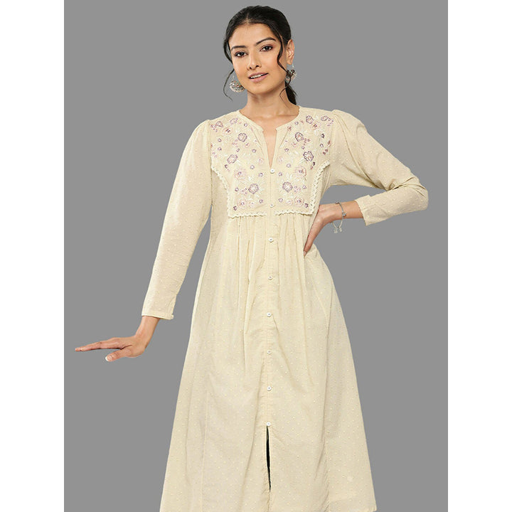 Janasya Womens Off White Dobby Cotton Solid A-Line Kurta