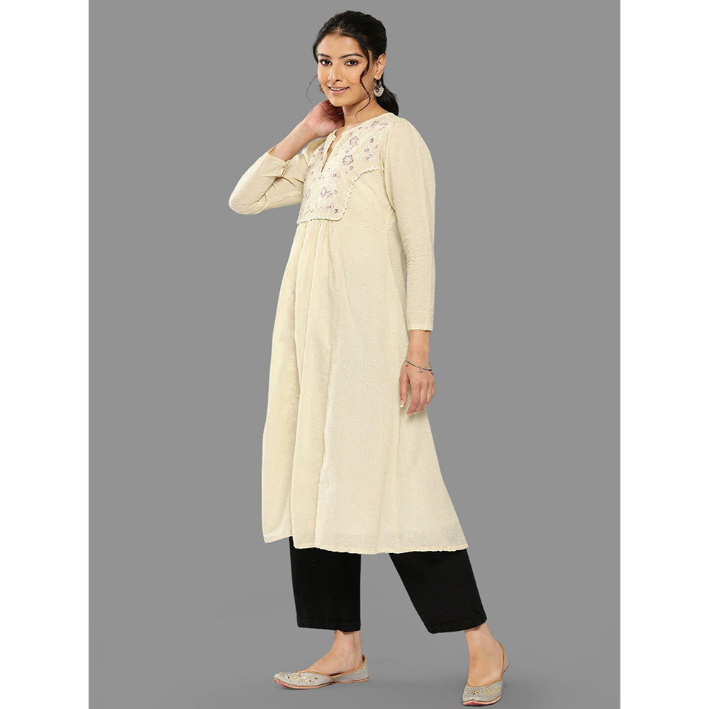 Janasya Womens Off White Dobby Cotton Solid A-Line Kurta