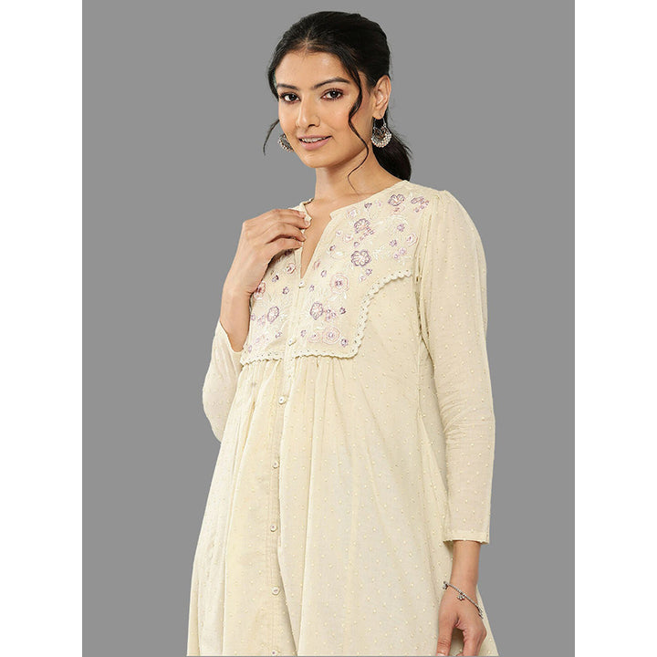 Janasya Womens Off White Dobby Cotton Solid A-Line Kurta