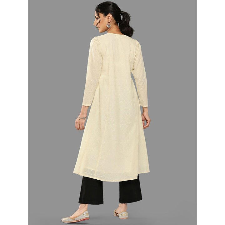 Janasya Womens Off White Dobby Cotton Solid A-Line Kurta