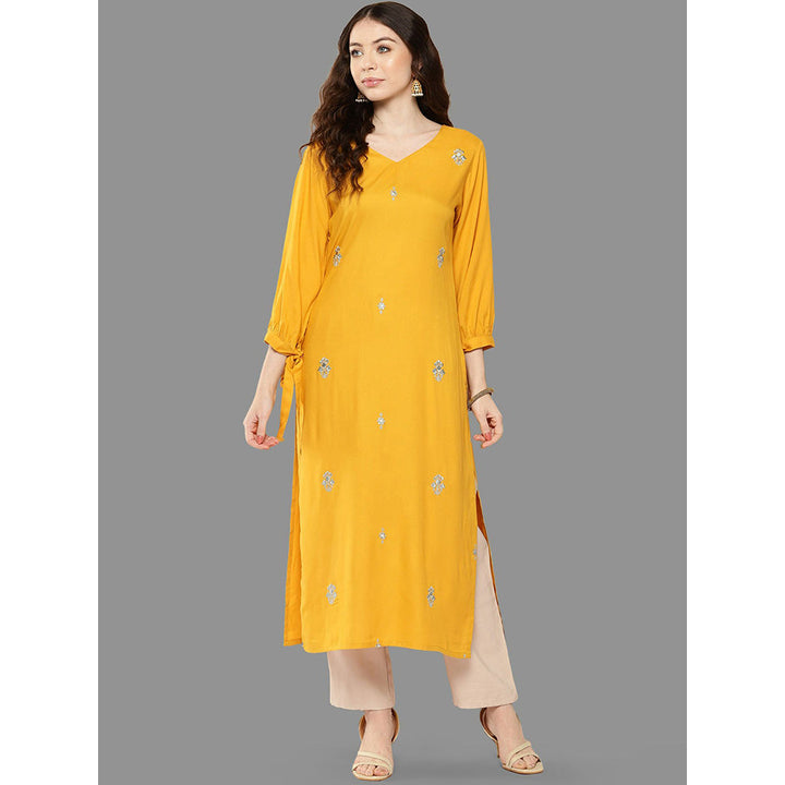 Janasya Womens Mustard Rayon Embroidered Straight Kurta