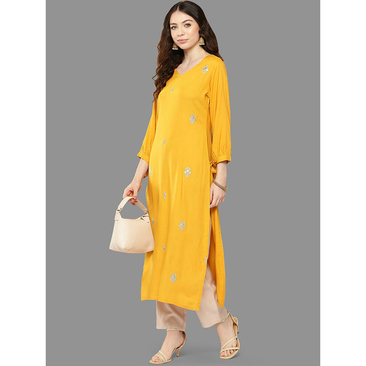 Janasya Womens Mustard Rayon Embroidered Straight Kurta