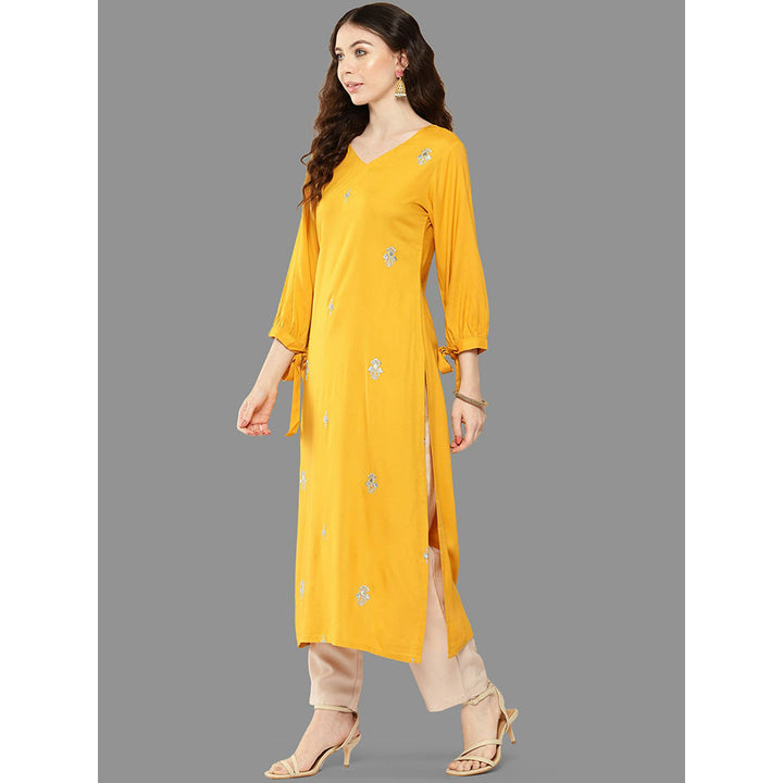 Janasya Womens Mustard Rayon Embroidered Straight Kurta