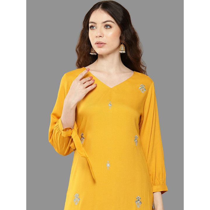 Janasya Womens Mustard Rayon Embroidered Straight Kurta