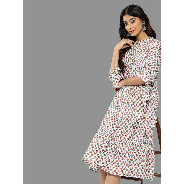 Janasya Womens White Cotton Floral Printed Gathered Dress