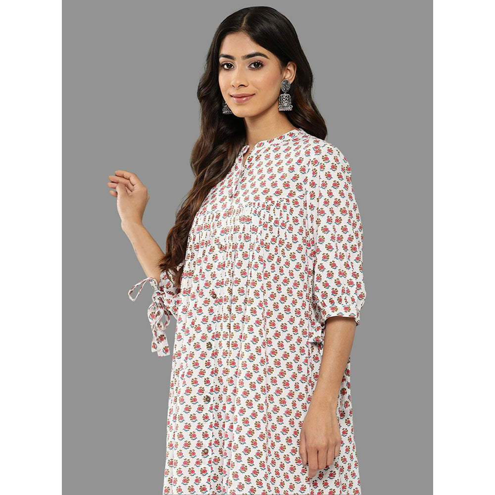 Janasya Womens White Cotton Floral Printed Gathered Dress