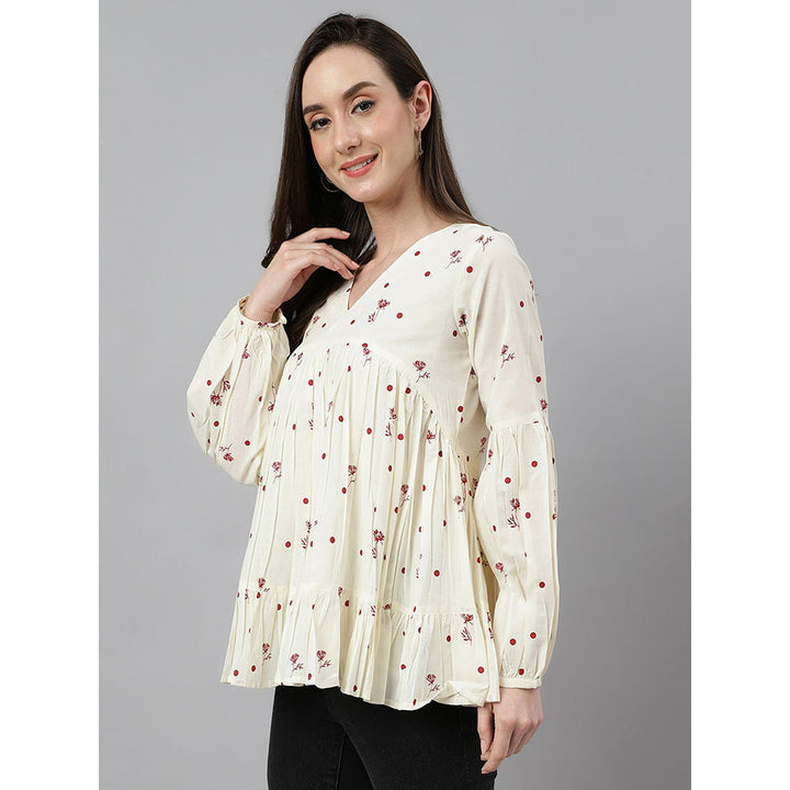 Janasya Womens Off White Cambric Cotton Floral Print Gathered Top