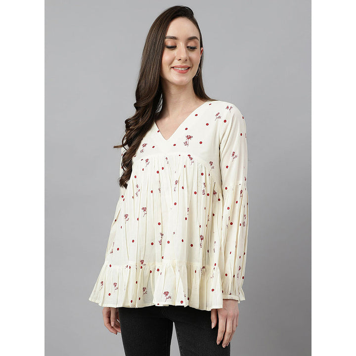 Janasya Womens Off White Cambric Cotton Floral Print Gathered Top