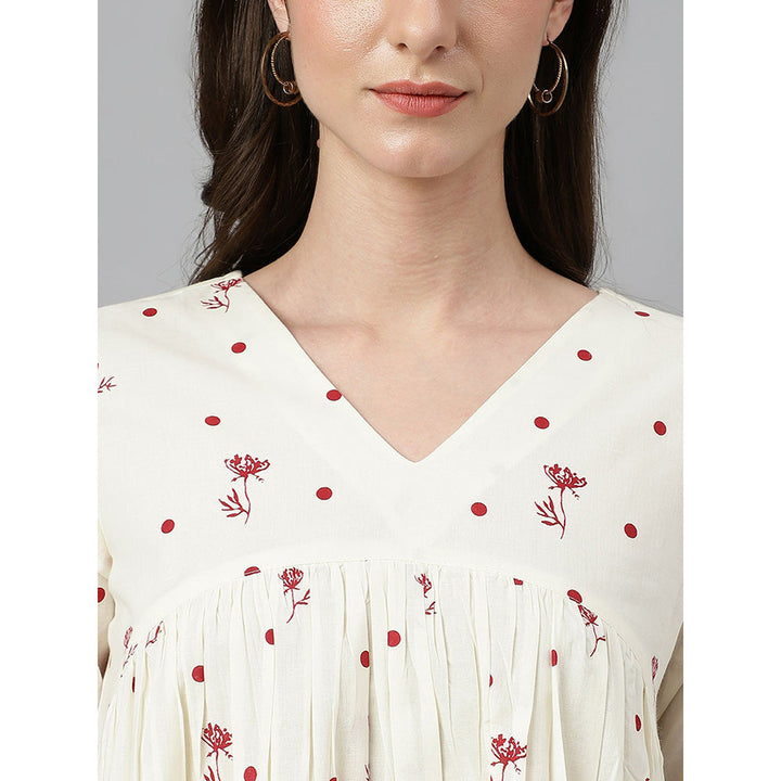 Janasya Womens Off White Cambric Cotton Floral Print Gathered Top