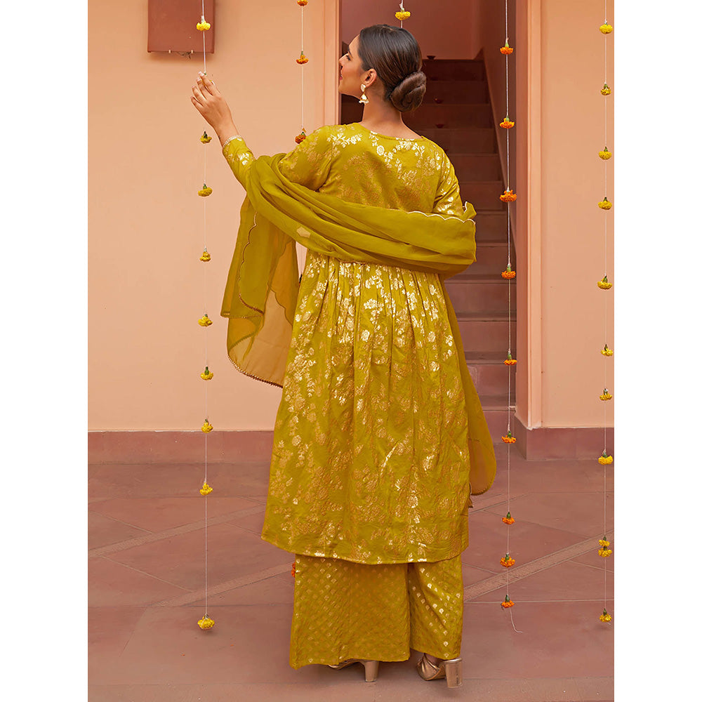 Janasya Womens Yellow Brocade Woven Design Kurta with Palazzo Dupatta (Set of 3)