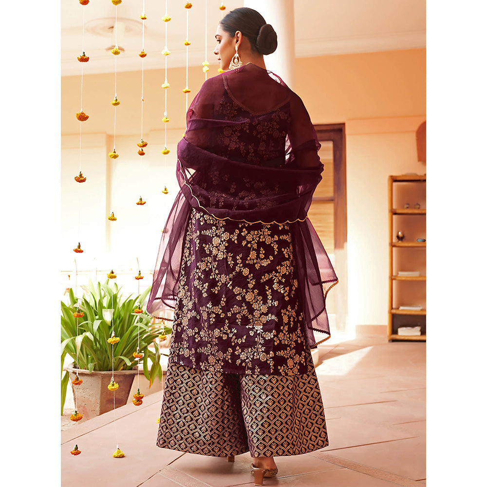 Janasya Womens Purple Brocade Woven Design Kurta with Palazzo Dupatta (Set of 3)