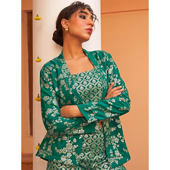Janasya Rama Green Brocade Woven Design Top with Straight Pants Blazer (Set of 3)