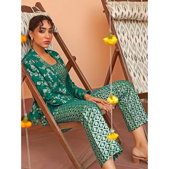 Janasya Rama Green Brocade Woven Design Top with Straight Pants Blazer (Set of 3)