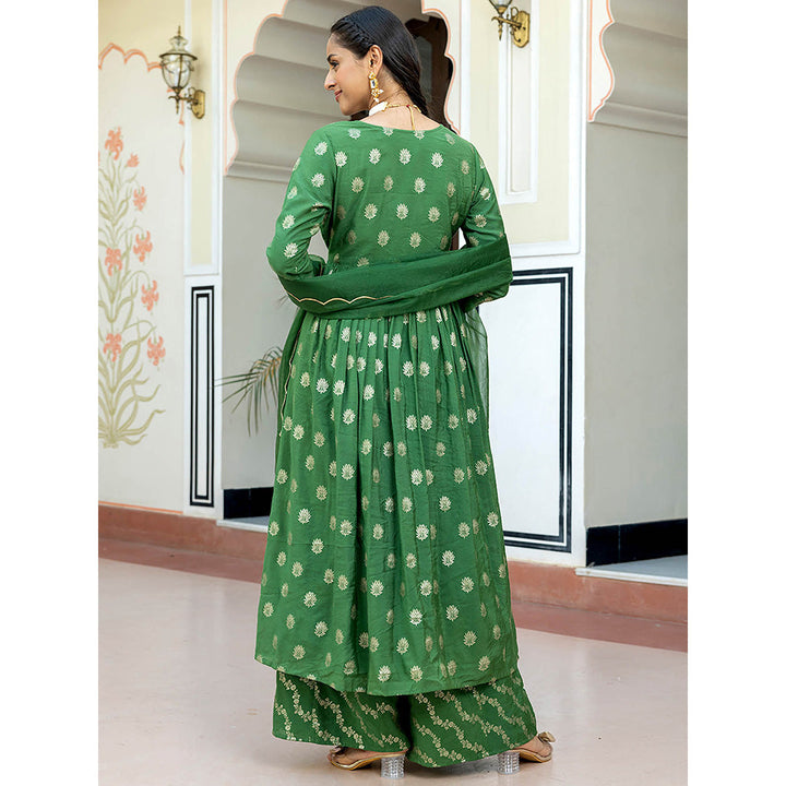 Janasya Womens Green Brocade Woven Design Kurta with Palazzo and Dupatta (Set of 3)