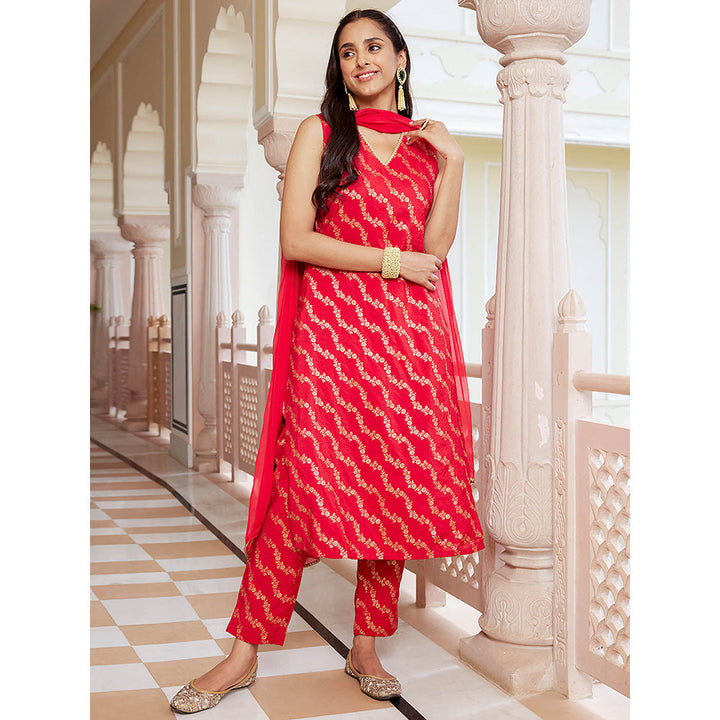 Janasya Womens Red Brocade Woven Design Kurta with Pants and Dupatta (Set of 3)
