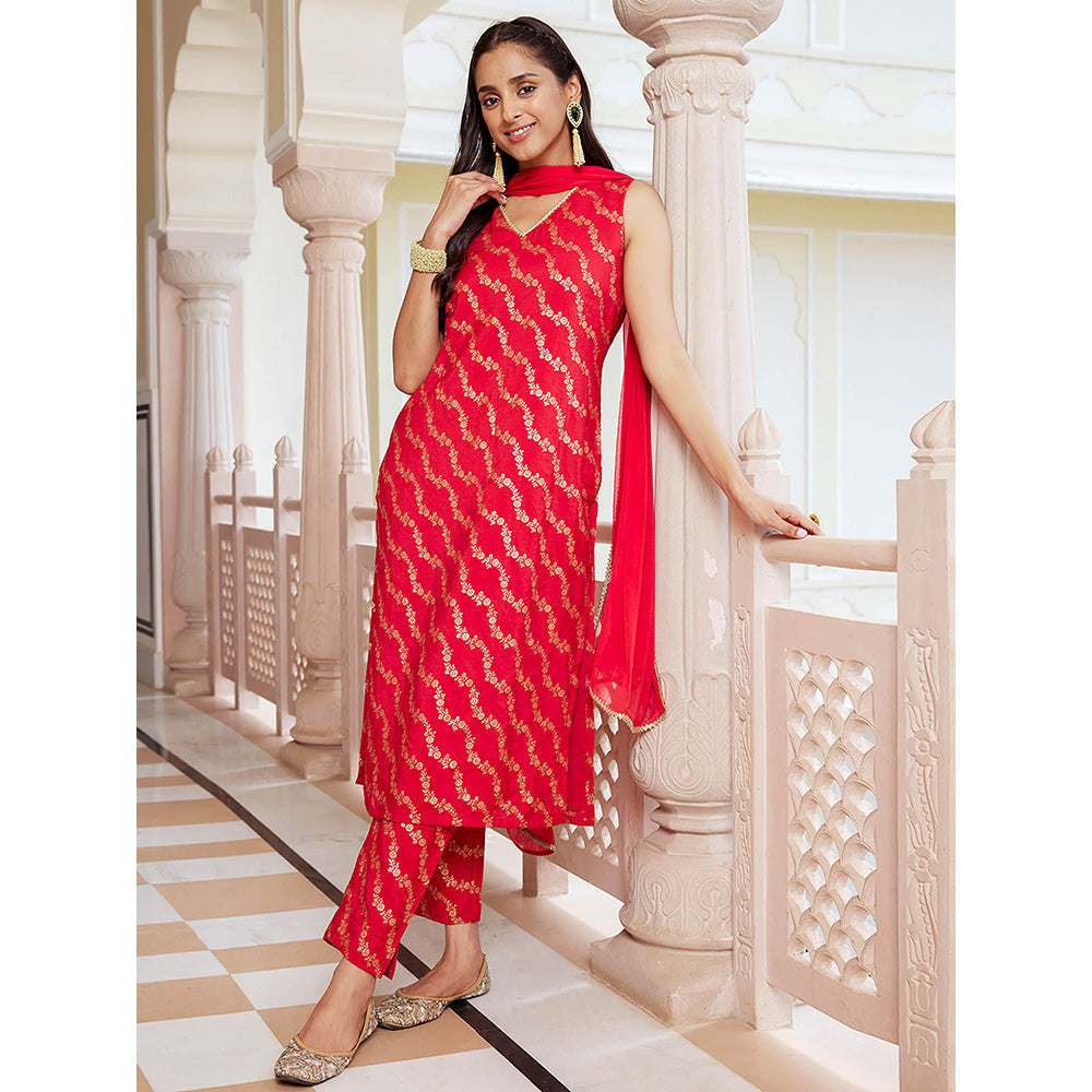 Janasya Womens Red Brocade Woven Design Kurta with Pants and Dupatta (Set of 3)