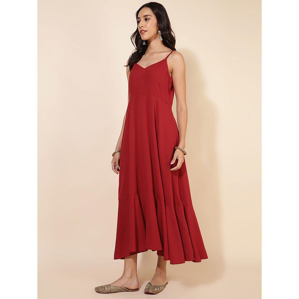 Janasya Womens Red Georgette Foil Printed Dress with Jacket (Set of 2)