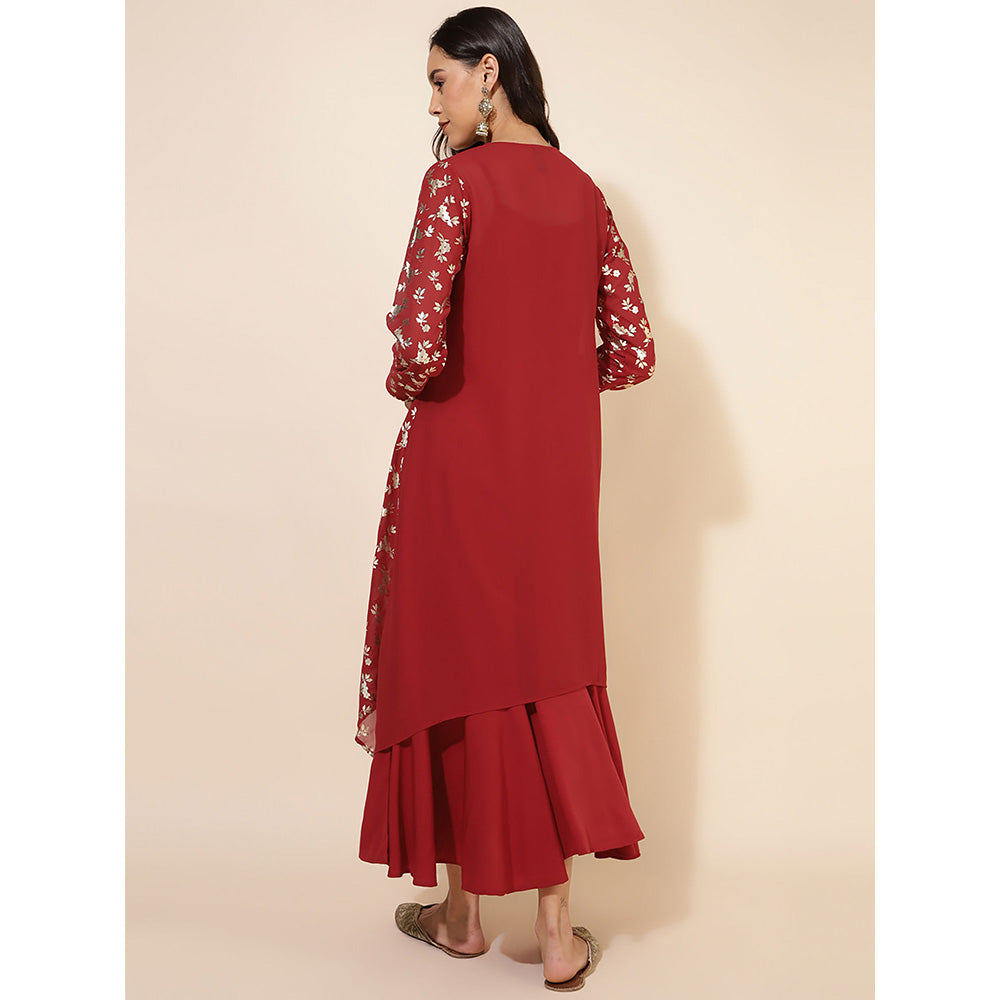 Janasya Womens Red Georgette Foil Printed Dress with Jacket (Set of 2)