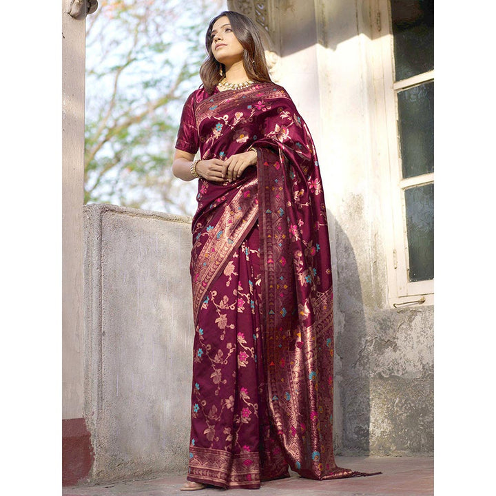 Janasya Women Wine Banarasi Silk Floral Saree with Unstitched Blouse Piece