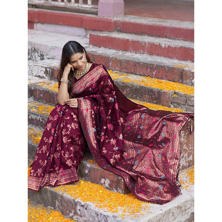 Janasya Women Wine Banarasi Silk Floral Saree with Unstitched Blouse Piece