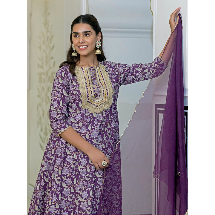 Janasya Women Purple Cotton Floral Printed Kurta with Palazzo & Dupatta (Set of 3)