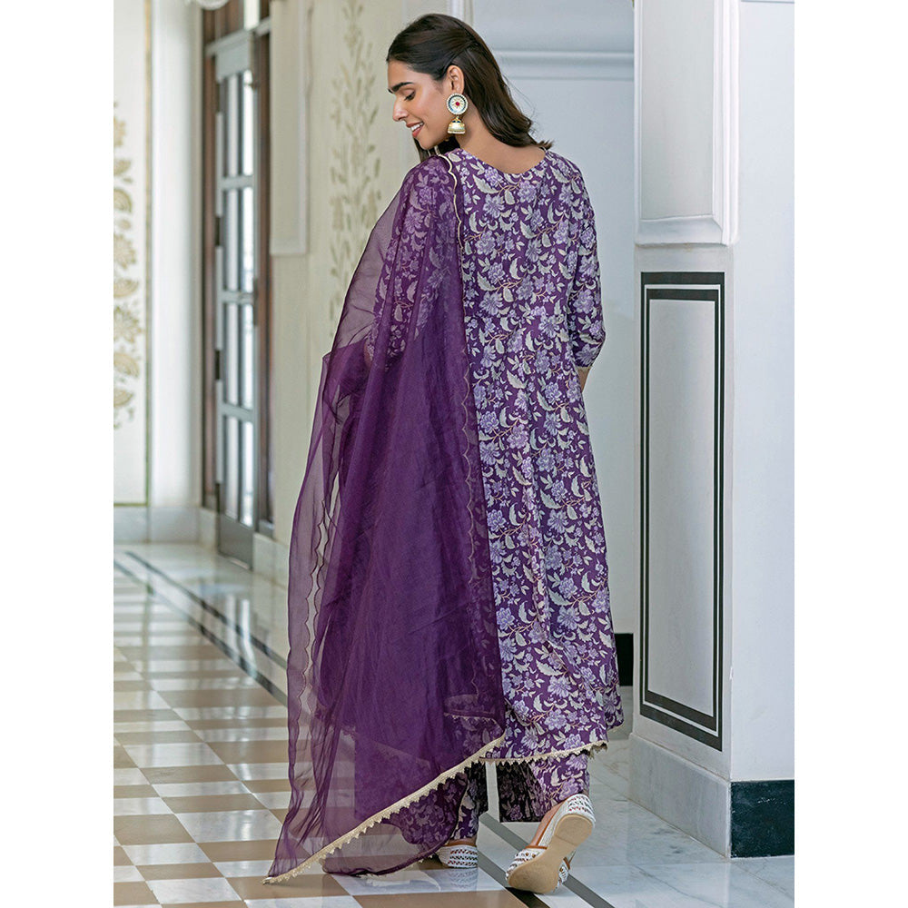 Janasya Women Purple Cotton Floral Printed Kurta with Palazzo & Dupatta (Set of 3)