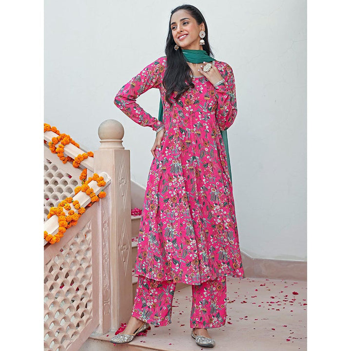 Janasya Women Pink Georgette Digital Floral Printed Kurta with Palazzo & Dupatta (Set of 3)