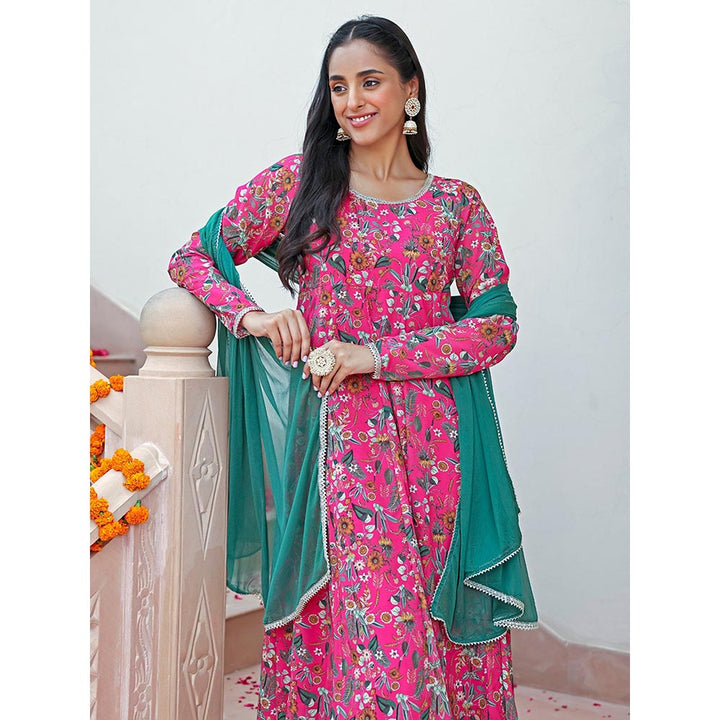 Janasya Women Pink Georgette Digital Floral Printed Kurta with Palazzo & Dupatta (Set of 3)