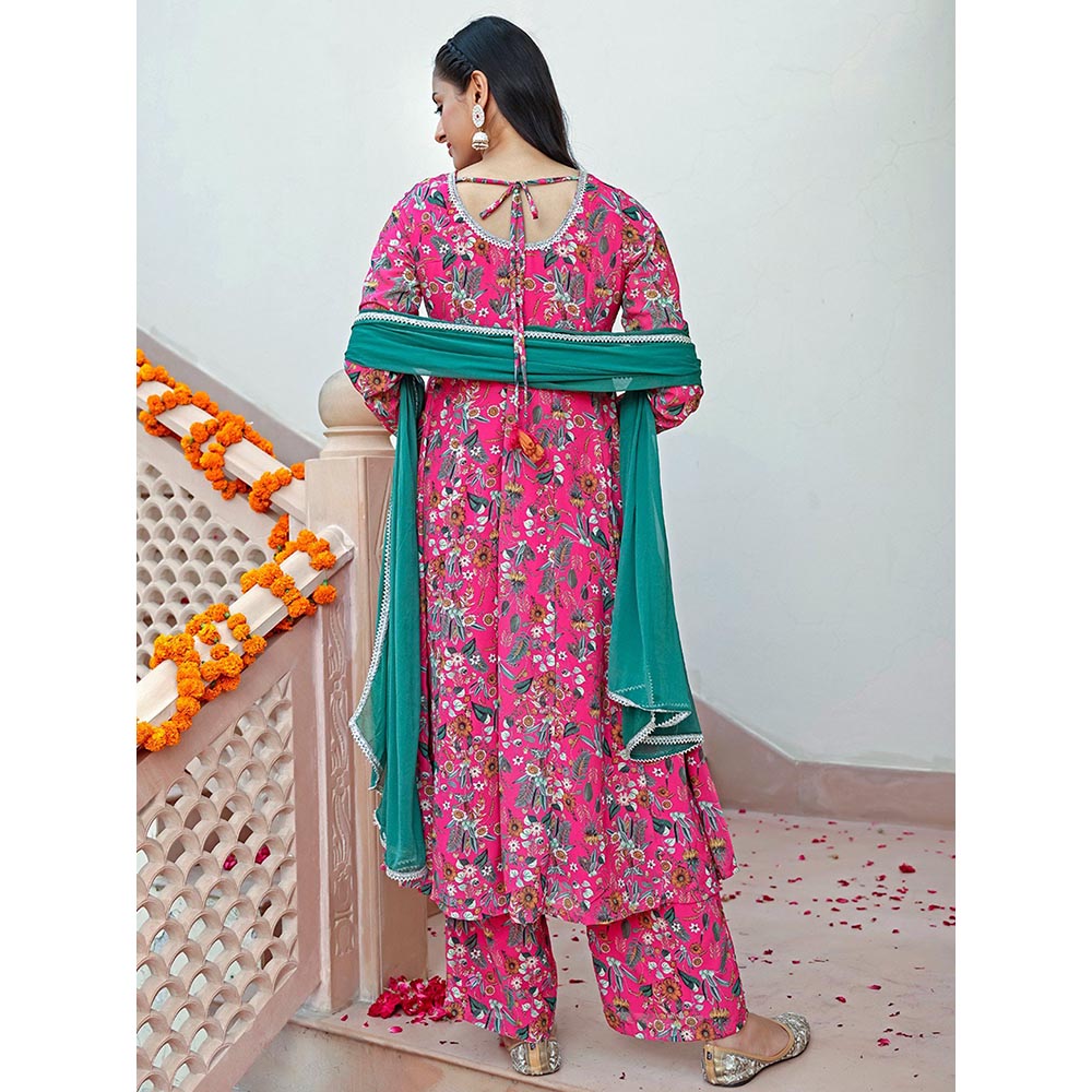 Janasya Women Pink Georgette Digital Floral Printed Kurta with Palazzo & Dupatta (Set of 3)