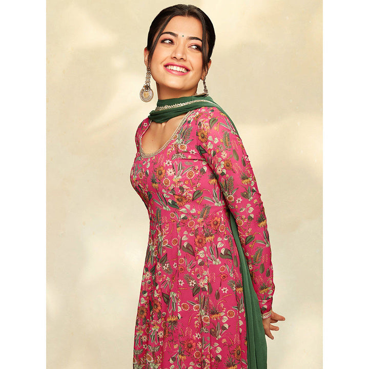 Janasya Women Pink Georgette Digital Floral Printed Kurta with Palazzo & Dupatta (Set of 3)