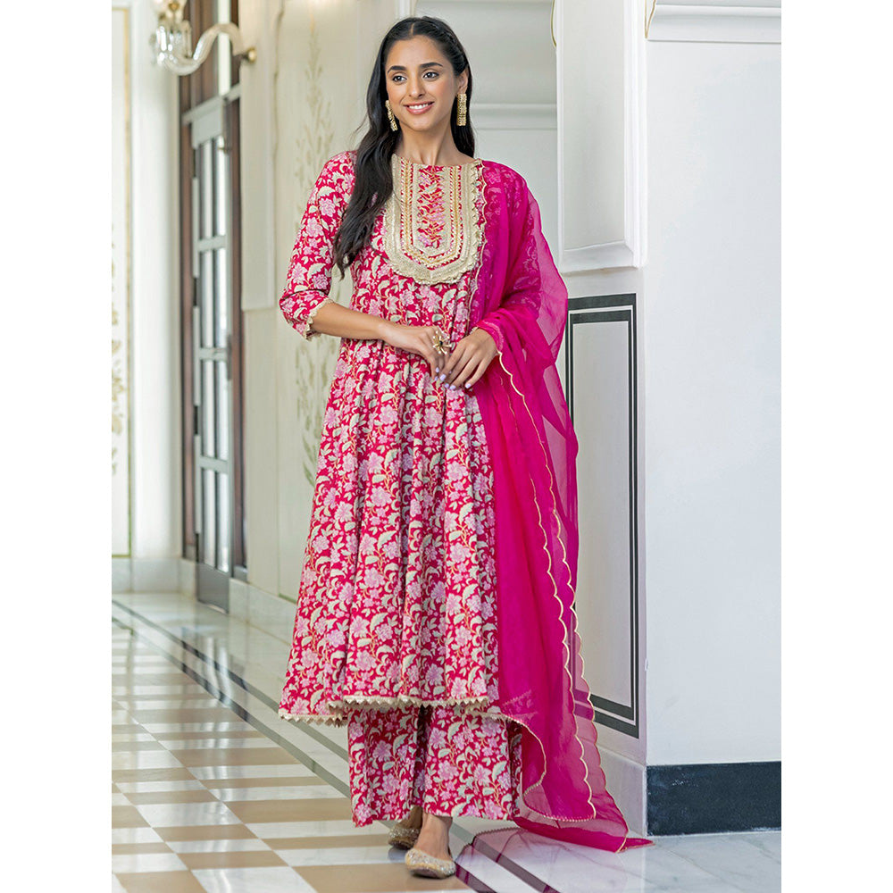 Janasya Women Pink Cotton Foil Floral Printed Kurta with Palazzo & Dupatta (Set of 3)