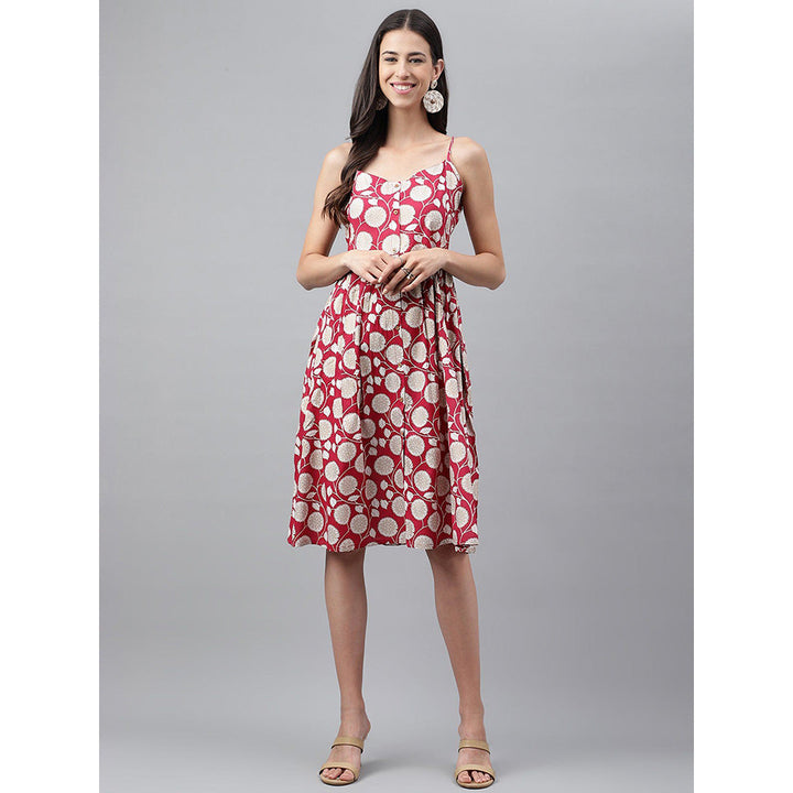 Janasya Women Red Rayon Botanical Printed Gathered Dress