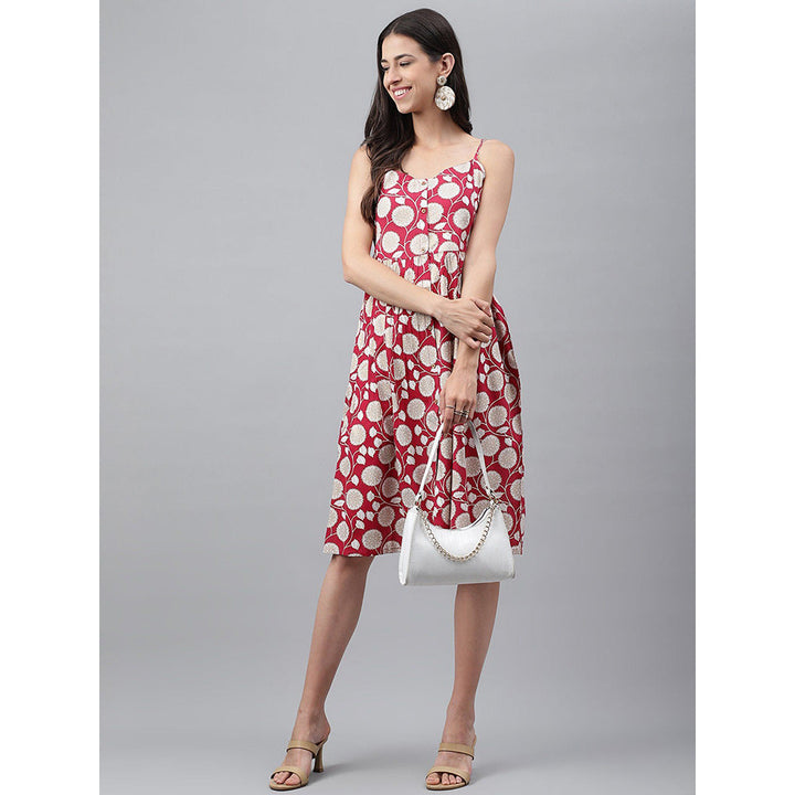 Janasya Women Red Rayon Botanical Printed Gathered Dress