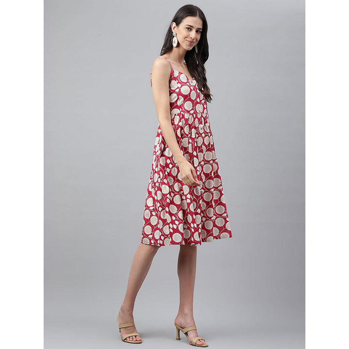 Janasya Women Red Rayon Botanical Printed Gathered Dress