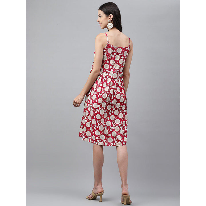 Janasya Women Red Rayon Botanical Printed Gathered Dress