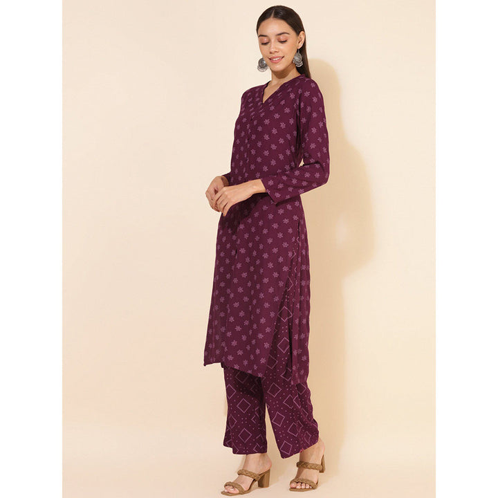 Janasya Women's Wine Rayon Floral Printed Kurta with Palazzo (Set of 2)