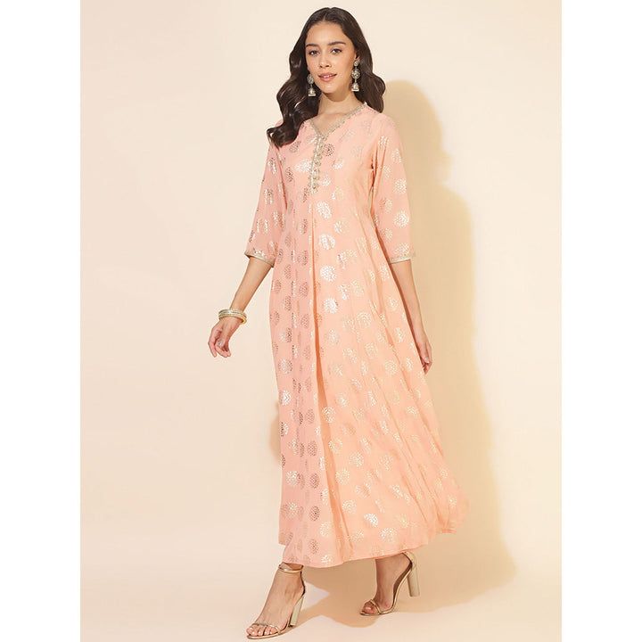 Janasya Women Peach Georgette Foil Printed Anarkali Kurta & Dupatta (Set of 2)