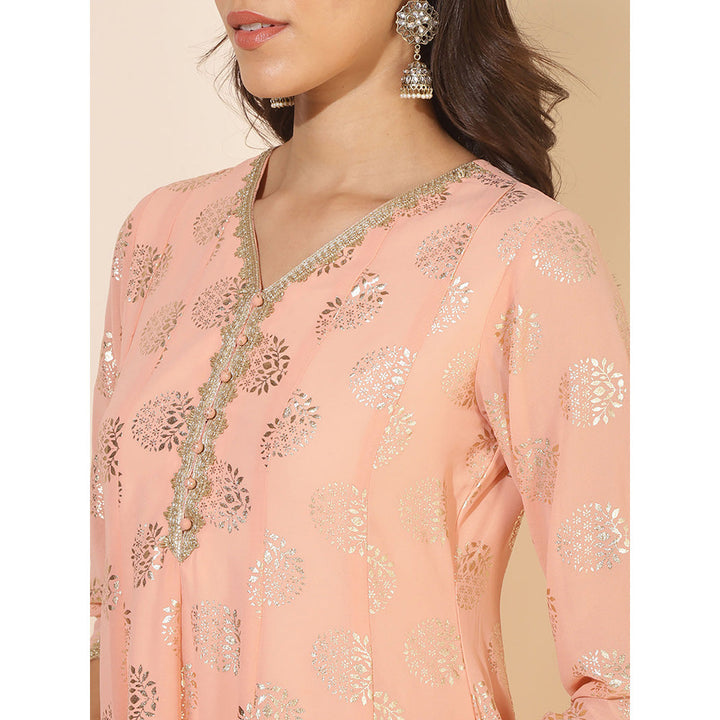 Janasya Women Peach Georgette Foil Printed Anarkali Kurta & Dupatta (Set of 2)