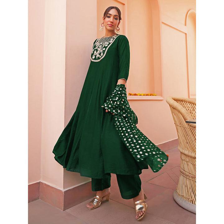 Janasya Dark Green Chanderi Embellished Kurta with Palazzo & Dupatta (Set of 3)