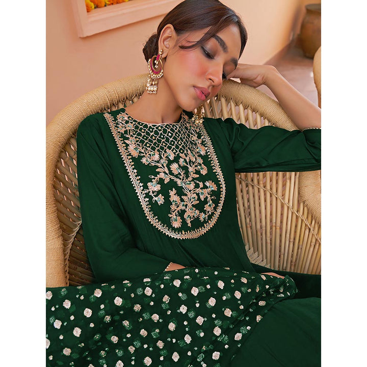 Janasya Dark Green Chanderi Embellished Kurta with Palazzo & Dupatta (Set of 3)