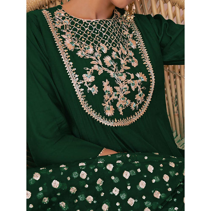 Janasya Dark Green Chanderi Embellished Kurta with Palazzo & Dupatta (Set of 3)